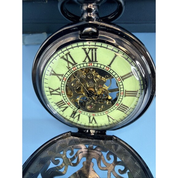 NEW In Box SEWOR Pocket Watch Mechanical Skeleton, Gold With Black Case - Picture 5 of 7
